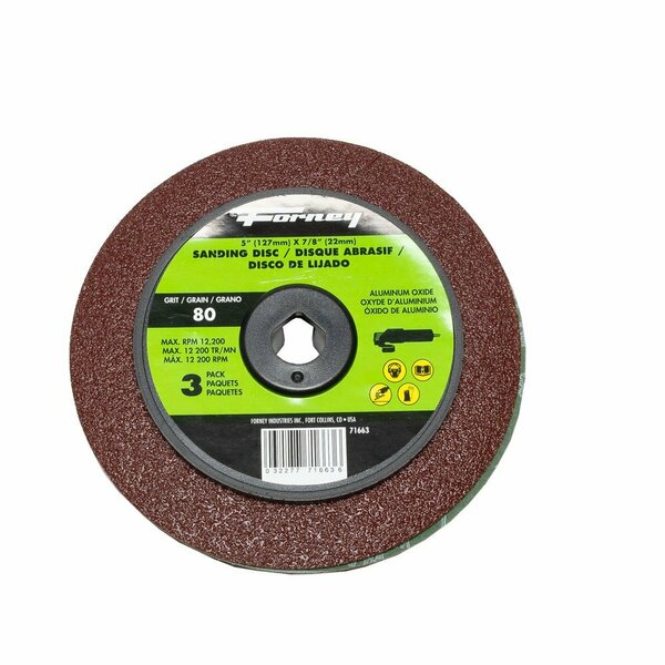 Forney Resin Fibre Sanding Disc, Aluminum Oxide, 5 in x 7/8 in Arbor, 80 Grit 71663